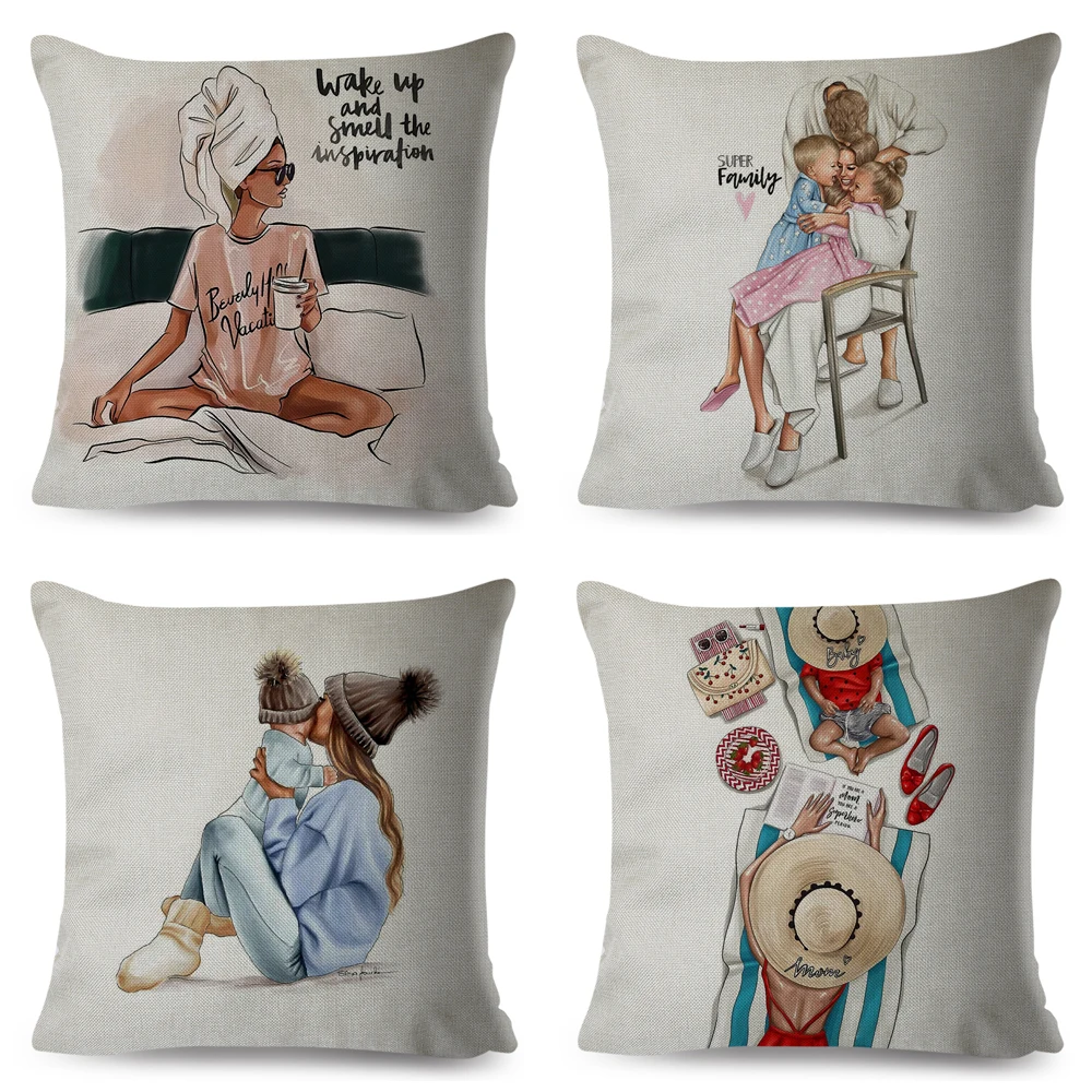 

Fashion Cute Cartoon Super Mama Cushion Cover 45x45cm Decorative Mom and Baby Pillow Case for Sofa Home Super Daddy Pillowcase