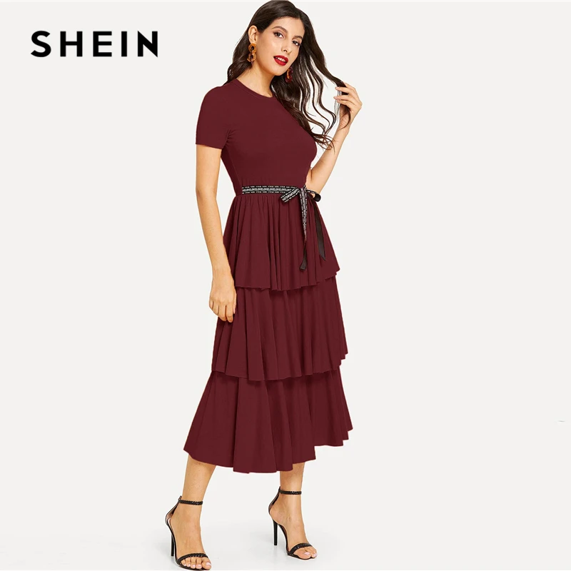 SHEIN Элегантное Длинное Платье с контрастной завязкой на талии, с многослойной оборкой, с высокой талией, женское летнее однотонное офисное платье трапециевидной формы, Платья для вечеринок