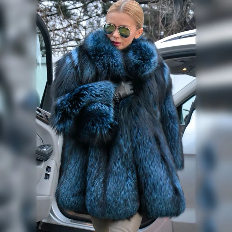 Women Winter Real Silver Fox Fur Coat Stand Collar Natural Whole Skin Genuine Fox Fur Coats Medium Length 2022 Trendy Overcoats