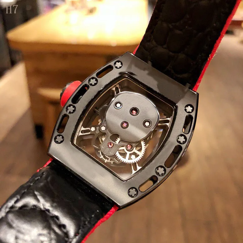 

New Watch Men Automatic Mechanical Sapphire Glass Military Canvas Red Leather Strap Rectangle Dial Skull Face Watches 3D Scrub
