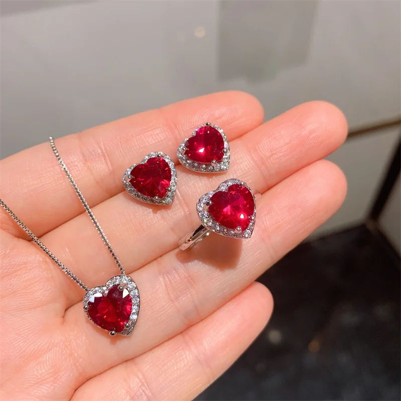 

Heart Shape Gemstone Pendant Necklace Earrings Ring Charms 925 Sterling Silver Ruby Stone Diamond Wedding Jewelry Set for Women