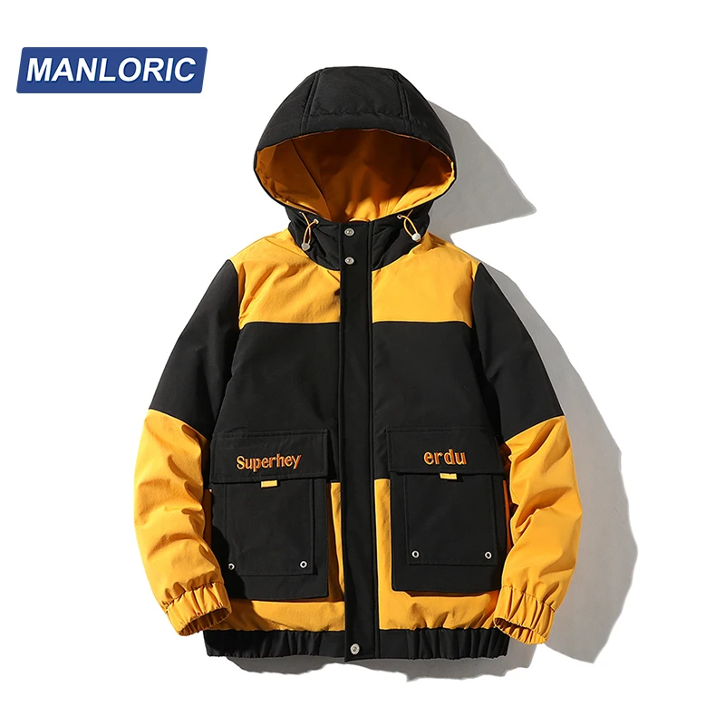 

MANLORIC Spliced Color Hooded Pockets Men's Winter Down Jacket Regular 80% White Duck Down Thick Warm Casual Down Coat