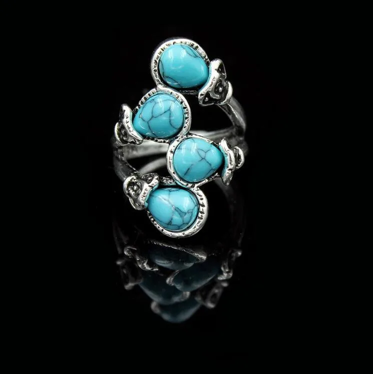 Fashion Bohemia Calaite Stone Rings Tibet Antique Silver Color Rings Alloy Carving Rings Leaf Branch Finger Rings For Women