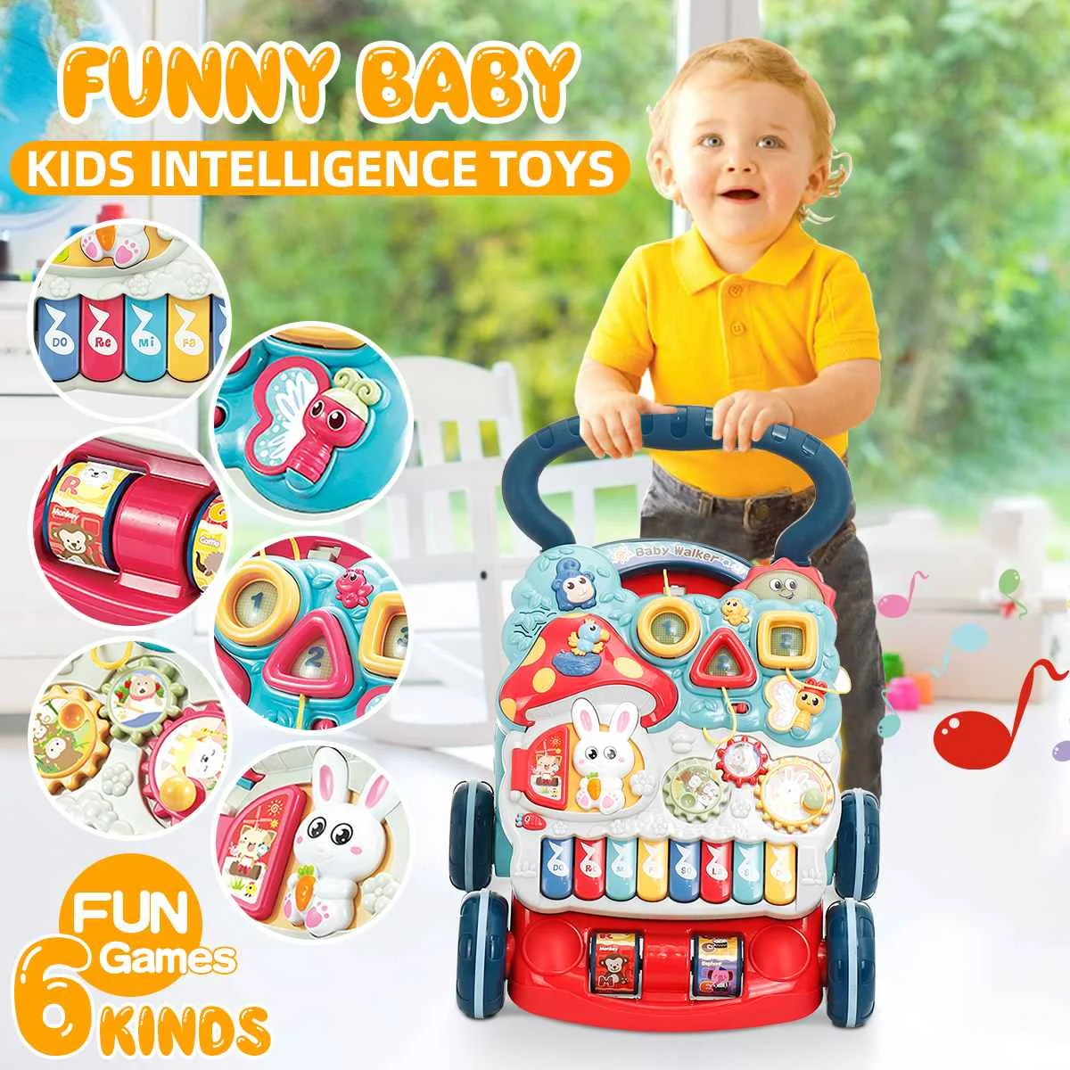 

Baby Walker Multifunction Infant Stand-to-Sit Toddler 4 Wheels Trolley Kids Learning Walking Toddler Toys Piano Drawing Gifts