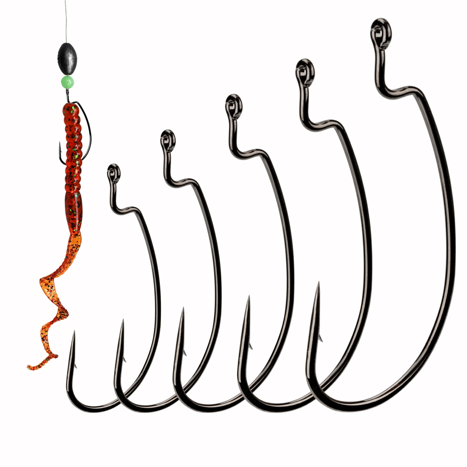 

QualyQualy Wide Crank Offset Fishing Hook Carbon Steel Fishhook For Soft Worm Lure #2-#1/0 Bass Barbed Fishing Hooks