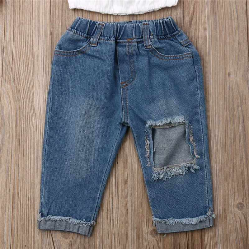 Новый комплект одежды для маленьких девочек кружевная футболка с открытыми