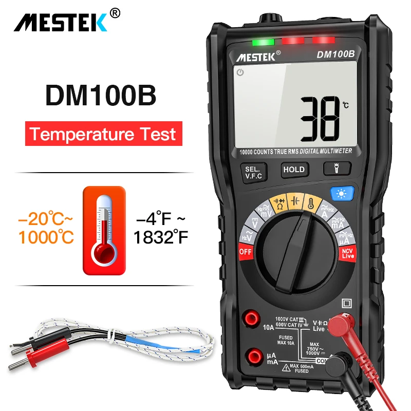 

Цифровой мультиметр MESTEK DM100B, 10000 отсчетов, автоматический выбор диапазона, измеритель напряжения переменного/постоянного тока с ЖК-подсвет...