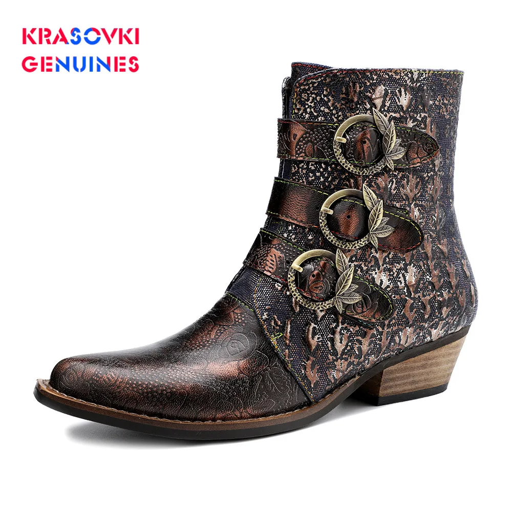 

2020 Pattern Genuine Leather Gorgeous High Square Heel Zipper Boots Botas mujer Elegant Shoes Women