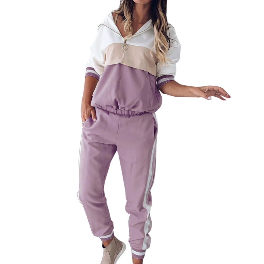purple LITTHING женский винтажный контрастный цвет бейсбольный бомбер пуловер куртка Женские топы и брюки-карандаш для бега костюмы комплекты из двух предметов - Цвет: purple