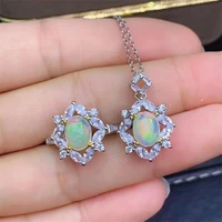 natural opal gemstone sunflower ring and necklace 2 pieces siut for women real 925 sterling silver fine jewelry set