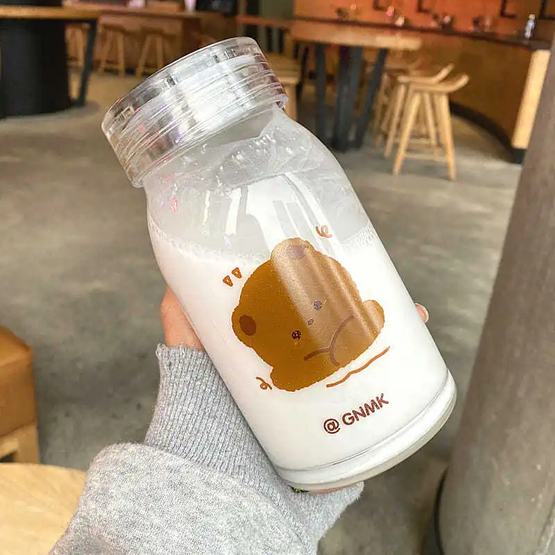 

450ml Cartoon Bear Glass Water Bottle Thick Heat Resistance Drinking Bottles Cute Milk Coffee Tumblers for Student Girl Gift