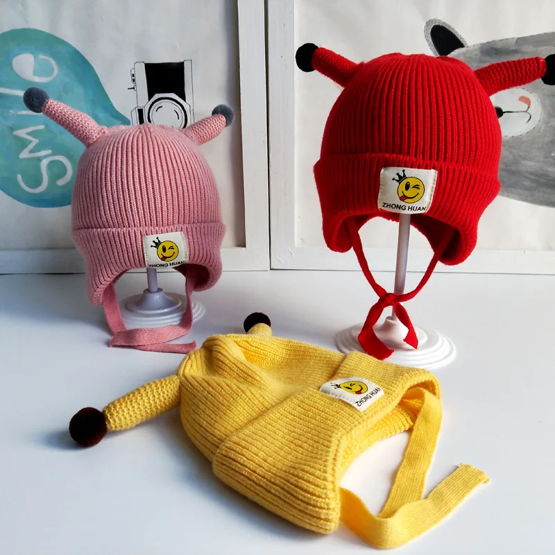 Children's Hat Autumn and Winter Foreign Trade Cartoon Horn Men and Women Baby Wool Hat Baby Knit Hat Smiley Face Decoration