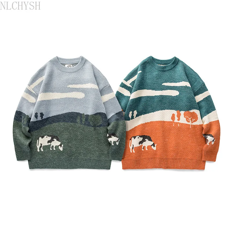 

Cows Prairie Vintage Korean Fashions Sweater Mens 2021 Winter Pullover Casual Harajuku Sweater Male