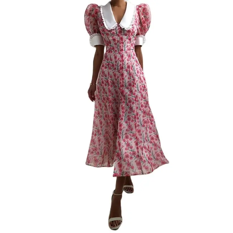 

Fashion Vintage Puff Sleeve Lady Party Dress Women Elegant Button Split Long Dress Sexy V Neck Floral Print Beach Dress Vestidos