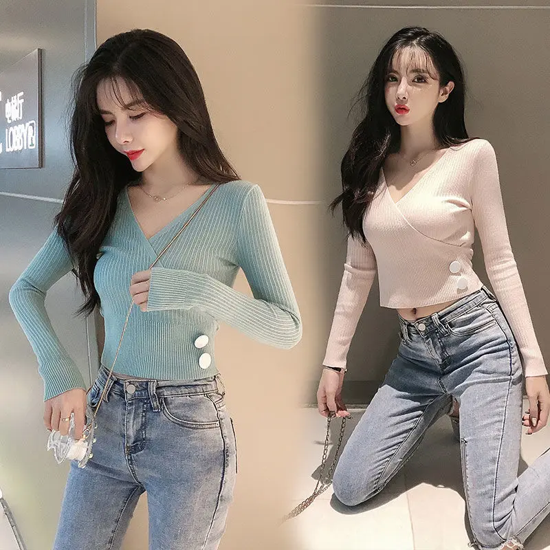 

Cropped Casual Striped Solid V Neck Ribbed Sexy Sueter Mujer Jumpers Sweater Pullover Blouse Knitted Long Sleeve Criss-Cross Top