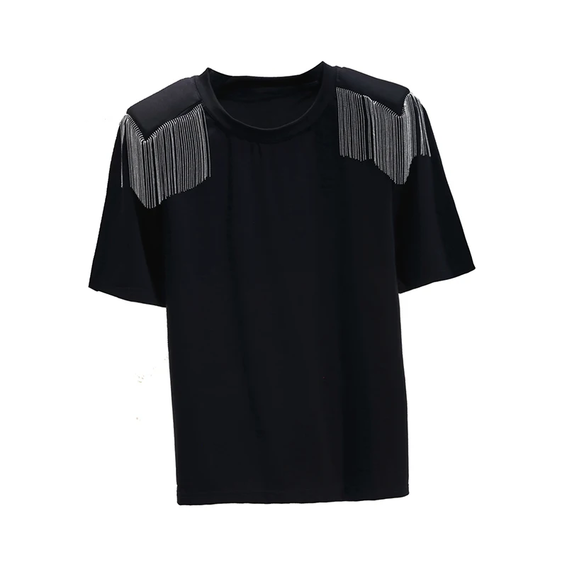 

Short Sleeve T-shirt for Women Summer 2021 New Pure Color Round Neck Temperament Tassels Shoulder Top White Black