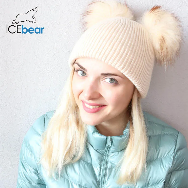 ICEbear мягкие женские зимние шапки двойная настоящая шапка с меховым помпоном