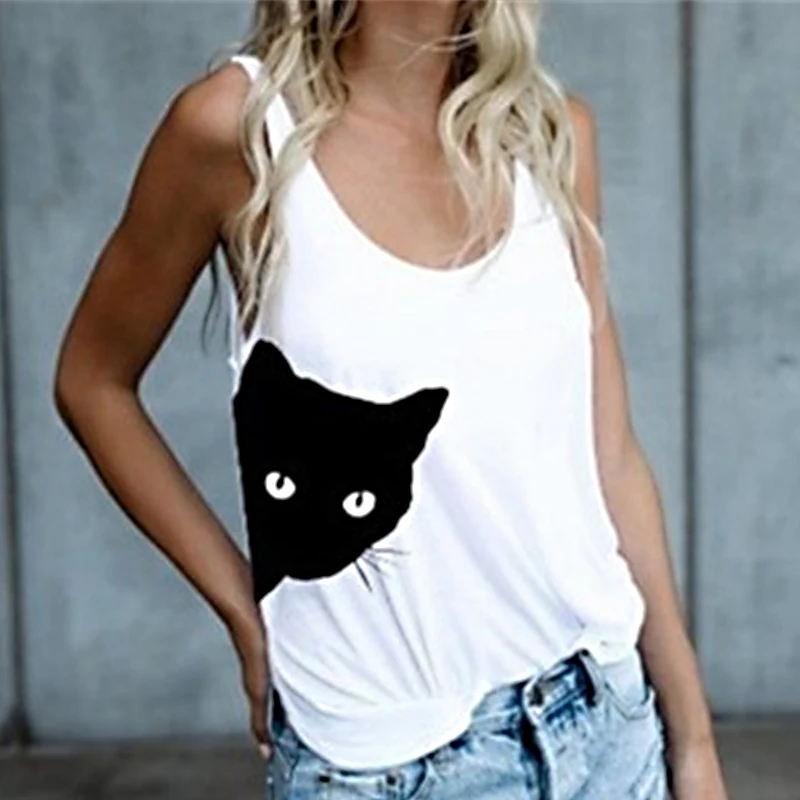 

NEW 2021 summer women's casual simple cat pattern round neck vest female take you cool for a summer