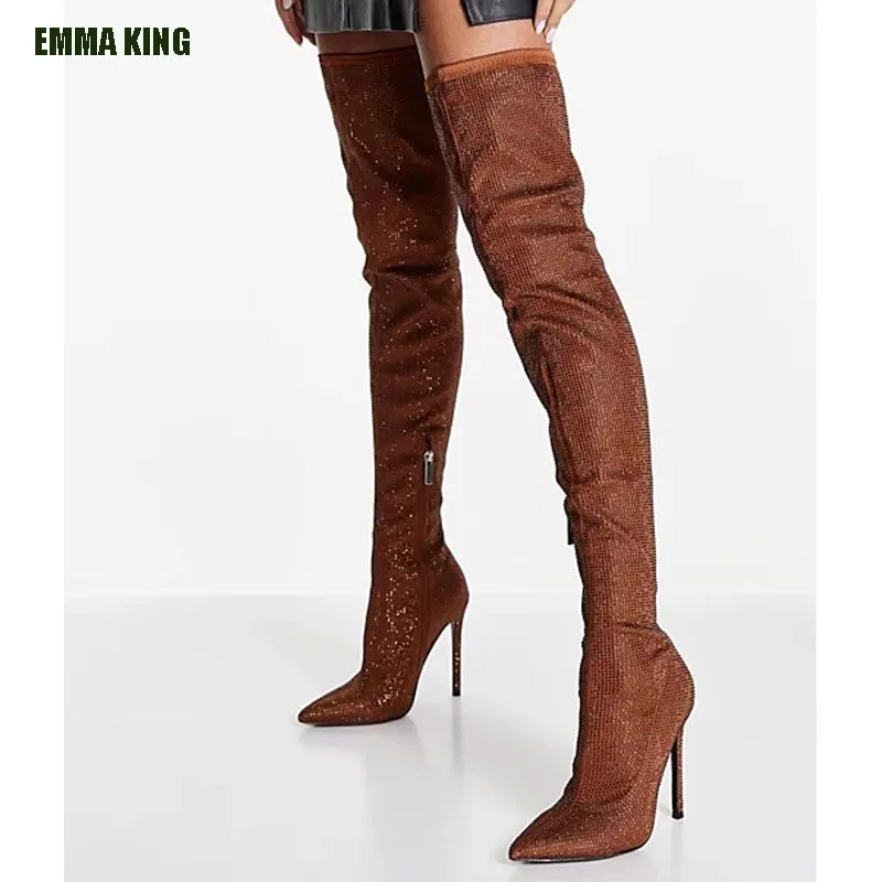Женские высокие сапоги выше колена до бедра на высоком каблуке 12 см с кристаллами