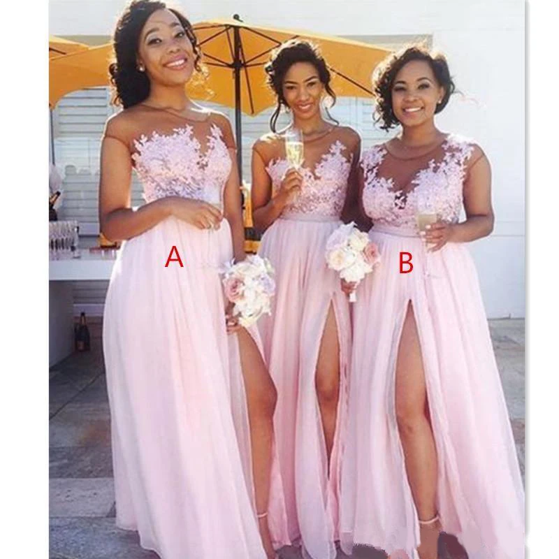 

Cheap Country Blush Pink Bridesmaid Dresses 2019 Sexy Sheer Jewel neck Lace Appliques Maid of Honor Dresses Split Formal