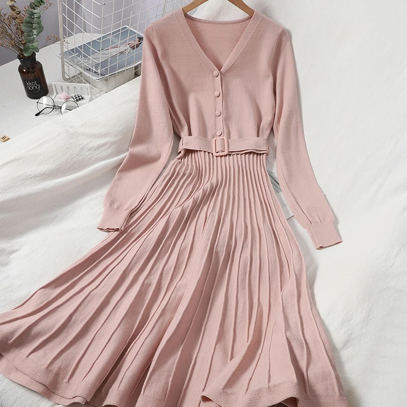 

Spring Knitted Ladies Banquet Dress Long Sleeve Pleated Stretch Dress Office Ladies Slim A-Line Vestido Belted Ladies Dress