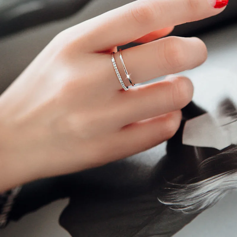 Простые Стильные серебряные сверкающие кольца с цирконами двухслойные для