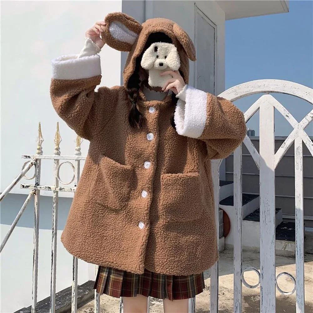 

2021 Autumn Winter New Womens Overcoat Casual Fashion Cute Bear Hooded Lamb Fur Coat Plus Velvet Thickening Cotton Padded Jacket