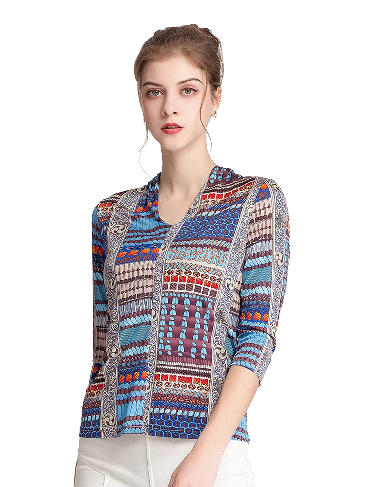 

Fashion Vintage Women New Deep V 100% Real Silk 3/4 Sleeve Blouse Top TT0004