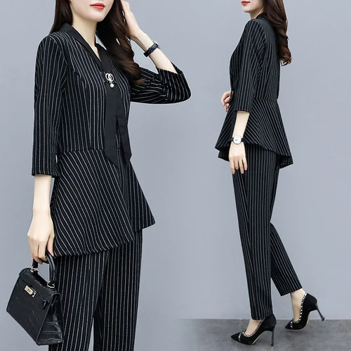 

Spring Women Plus Size Suits And Sets Striped Top&pants Set Matching Two Piece Women Pants Sets Ensemble Femme Deux Pieces