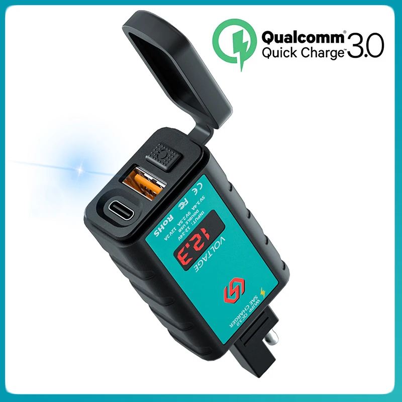

Waterproof motorcycle single USB+Type-C3.0 fast charge with voltmeter button switch SAE to USB charger 12-24V