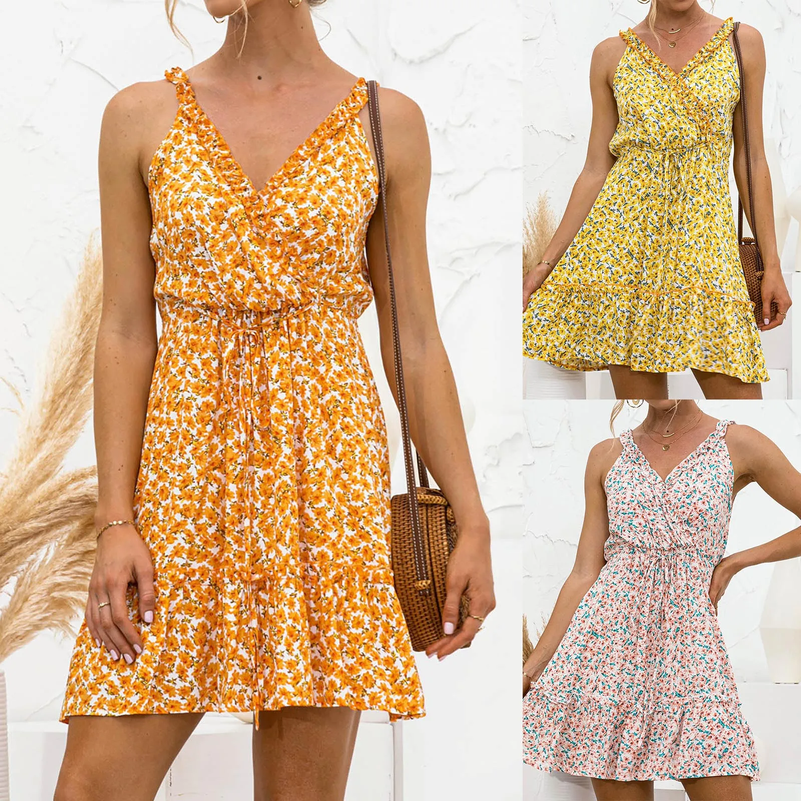 

Summer Womens Floral A-Line Dress Sweet Elegant Floral Ruffles V-neck Bandage Sleeveless for Lady Chic Flowers Mini Dress