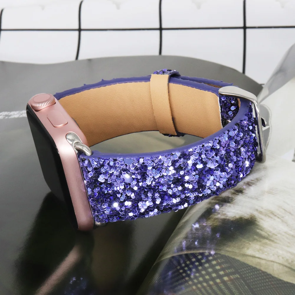 

Bling Glitter Powder Leather Watch Band for Apple Watch 38 42 40 44mm Wristwatch Bracelet for iwatch Serie 3 4 5 Christmas Shiny