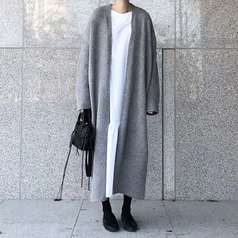 

SuperAen Autumn Winter Clothes New Loose Sweater Solid Long Knee Casual Full Cardigan Women Coat