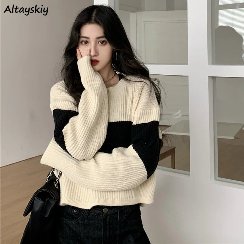 

Женские полосатые пуловеры, простая универсальная вязаная эластичная верхняя одежда, укороченный топ, хипстерские женские свитера в Корей...