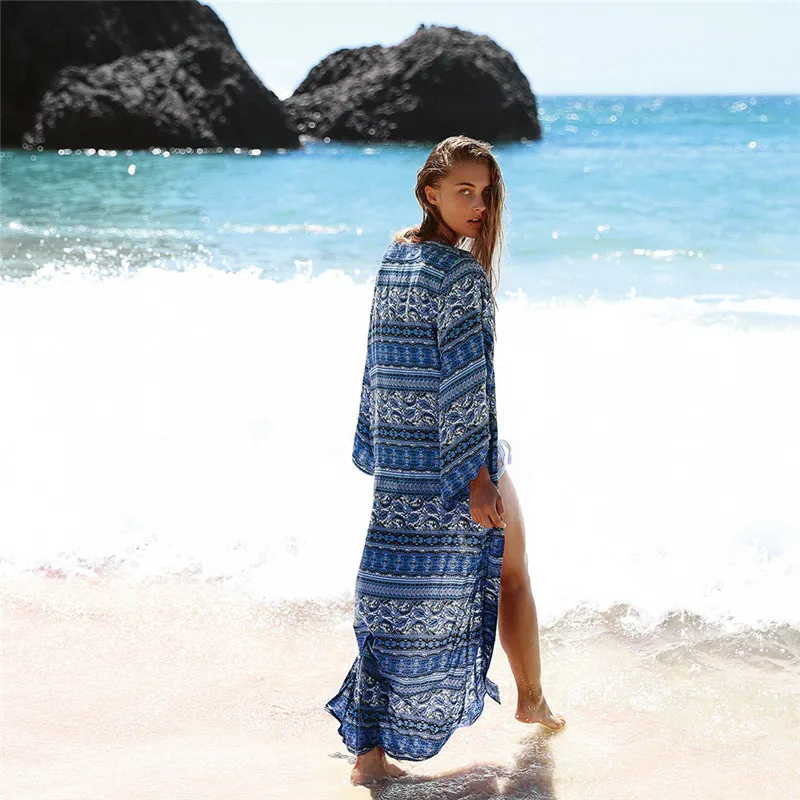 Boho Bohemian Striped Print Blue Summer Beach Wear Long Kimono Women Swimsuit Cover Up Plus Size Bikini Coverup Sarong Plage | Женская
