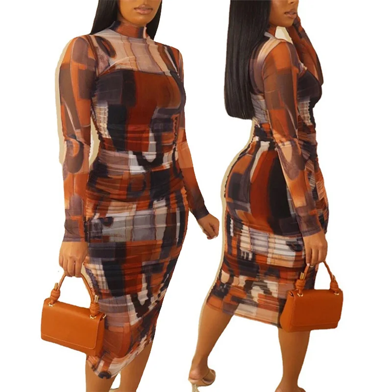 

Plus Size Clothing for Women Dresses Mid-turtleneck Transparent Mesh Dress Sexy High Waist Bodycon Dress Wholesale Dropshipping