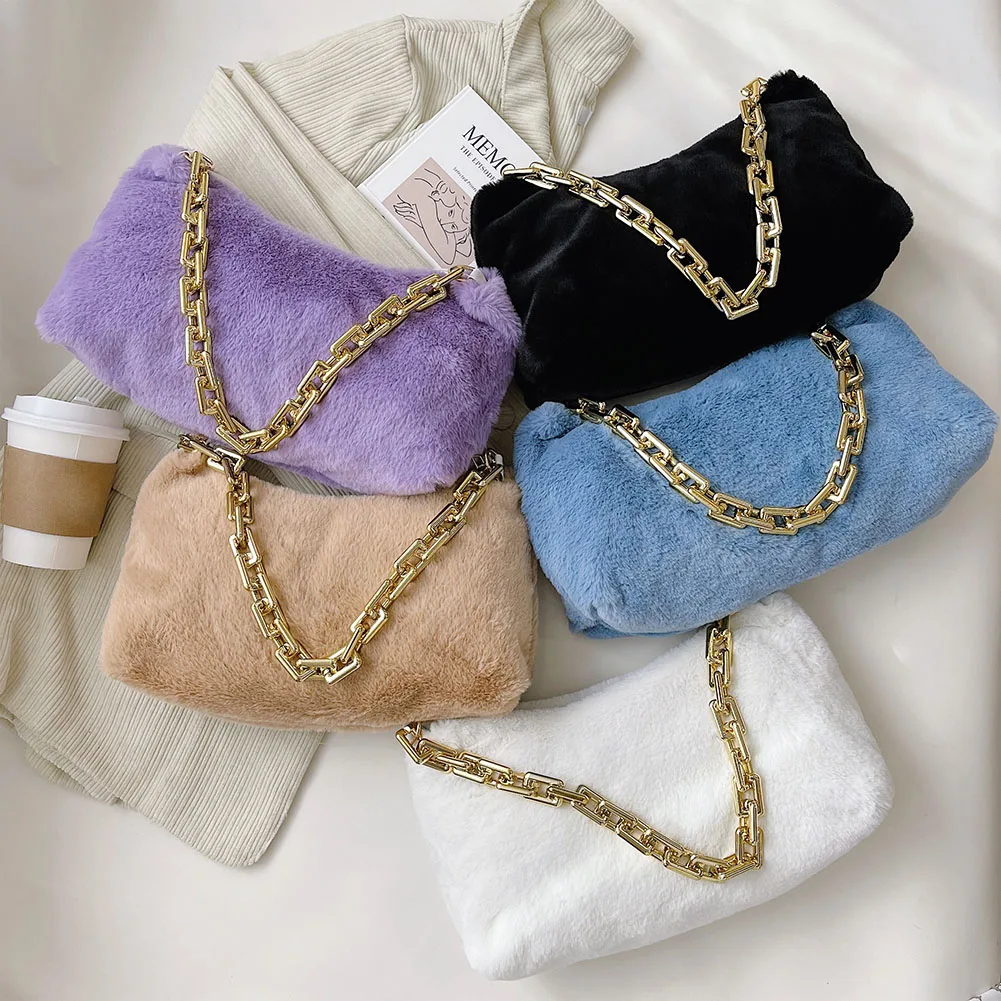 

Women Fashion Plush Thick Chain Shoulder Bag Female Casual Pure Color Underarm Bags Autumn Winter Large Capacity Handbags