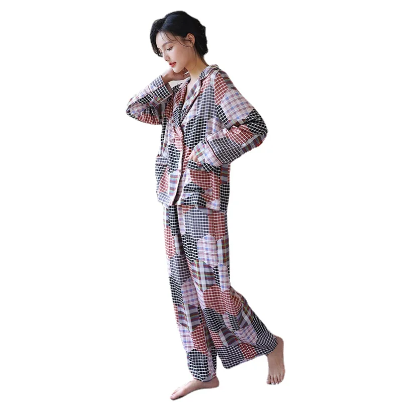 Plaid Pajamas Women's Long Sleeve Two-piece Set New Fashion Ice Silk Suit Simulated Silk Home Clothes