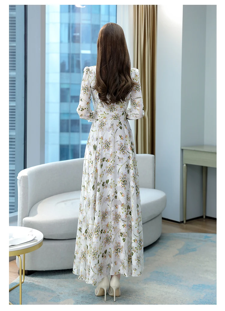 

2021 Spring and Autumn New Printed Chiffon Comfortable Travel Party Long-sleeved V-neck Dress with Laces Dress for Women