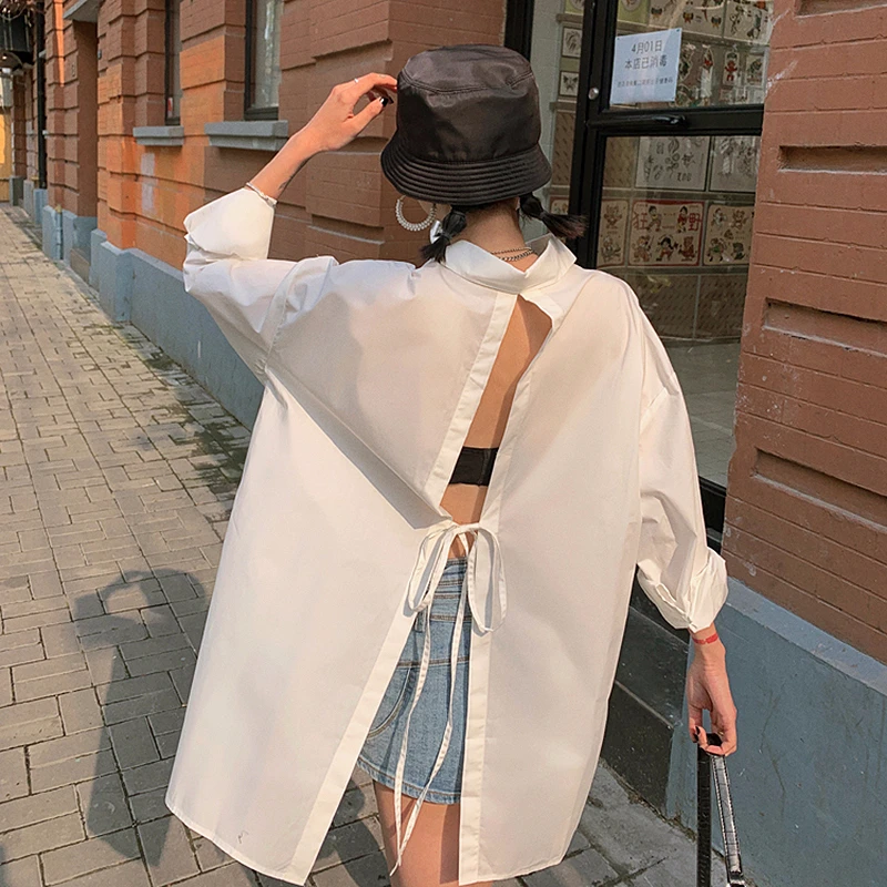 Женская ажурная блузка с бантом длинным рукавом и карманами |