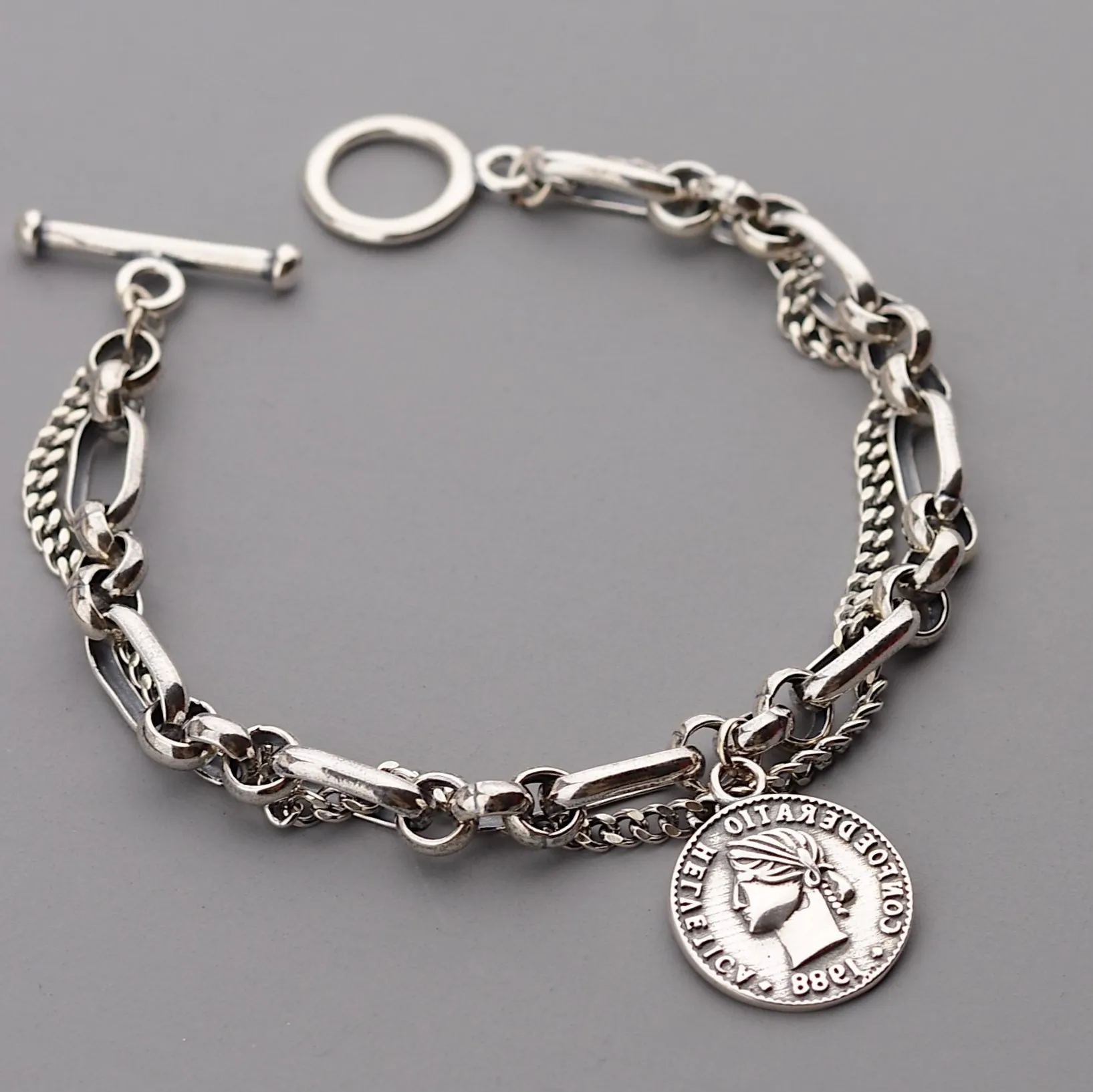 

S925 Sterling Silver Round heavy industry Thai silver bracelet women simple thick chain does not fade lovers Bracelet high sense
