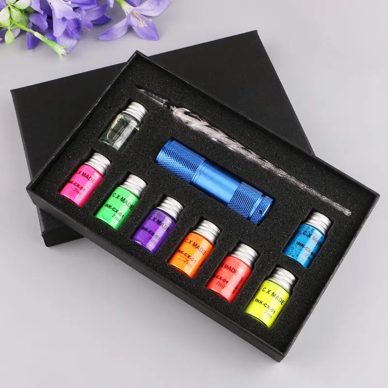 

10Pcs/Set Invisible Fluorescence Bottled Dip Signature Pen Ink with Glass Fountain Dip Writing Pen Art Supplies Gifts