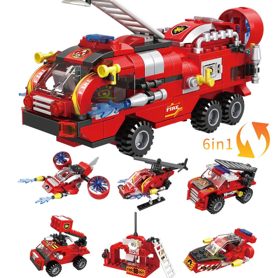 

387pcs 6in1 Fire Fighting Trucks Blockes Car Helicopter Boat Building Blocks City Firefighter Firemen Figures Bricks Toys Child