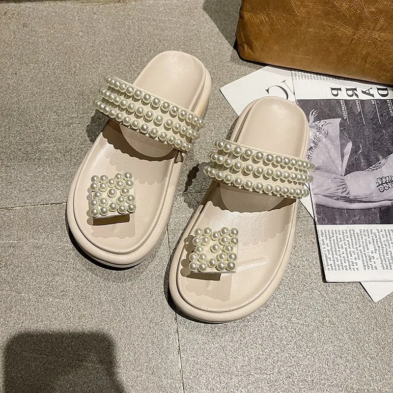 

Female Shoes Slippers Soft Thin Heels Rubber Flip Flops Luxury Slides String Bead Low 2021 Comfort Summer Flat Hawaiian