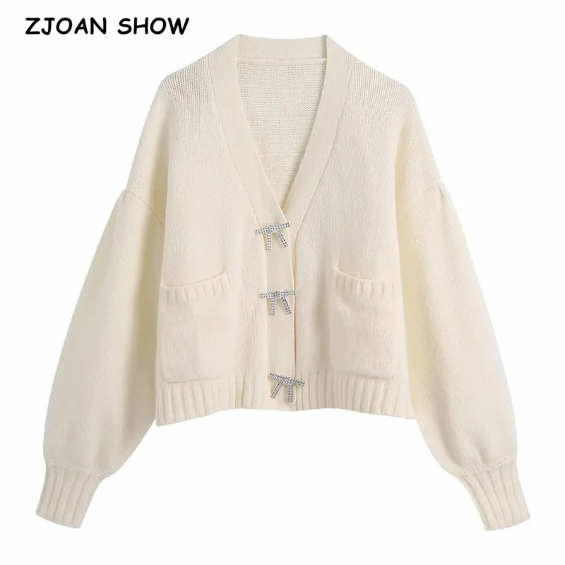 

2021 Korea Style Vintage Bow Diamond Lantern Sleeve Knitting Cardigan Single-breasted Covered Beige Buttons Loose Sweater Jumper