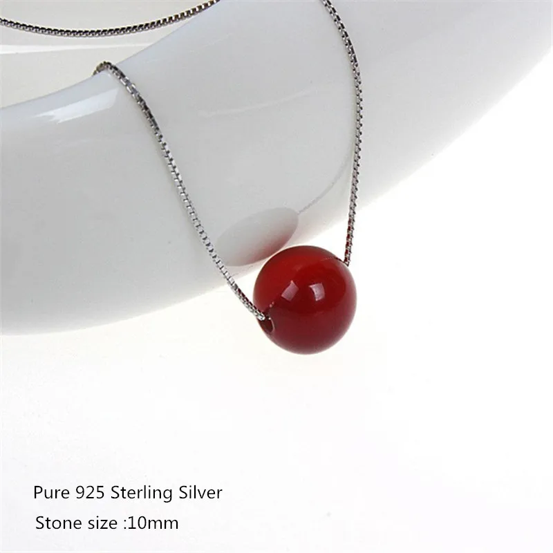

925 Sterling Silver Female Jewelry Necklace 10MM Natural Red Agate Round Pendants Bead for Women