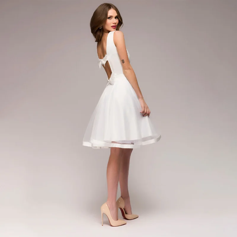 

Women White Casual A Line Knee Dress O Neck Sleeveless Backless Elegant Mesh Dress 2021 New Women Fashion Party Dress