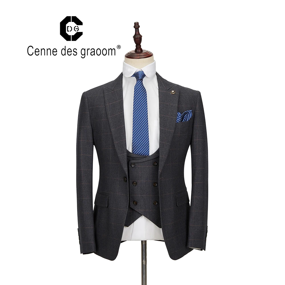 

Cenne Des Graoom New Men Suit Costume Blazer Vest Plaid 3 Pieces Tailor-Made Suits Thick Business Casual Groom DG-2020 Blue Grey