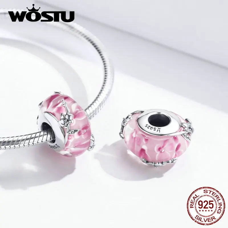 WOSTU Классический 925 пробы Серебряный Розовый стеклянный фаленопсис бисер подходит к оригинальному браслету горячая Распродажа ювелирные изделия CQC1281