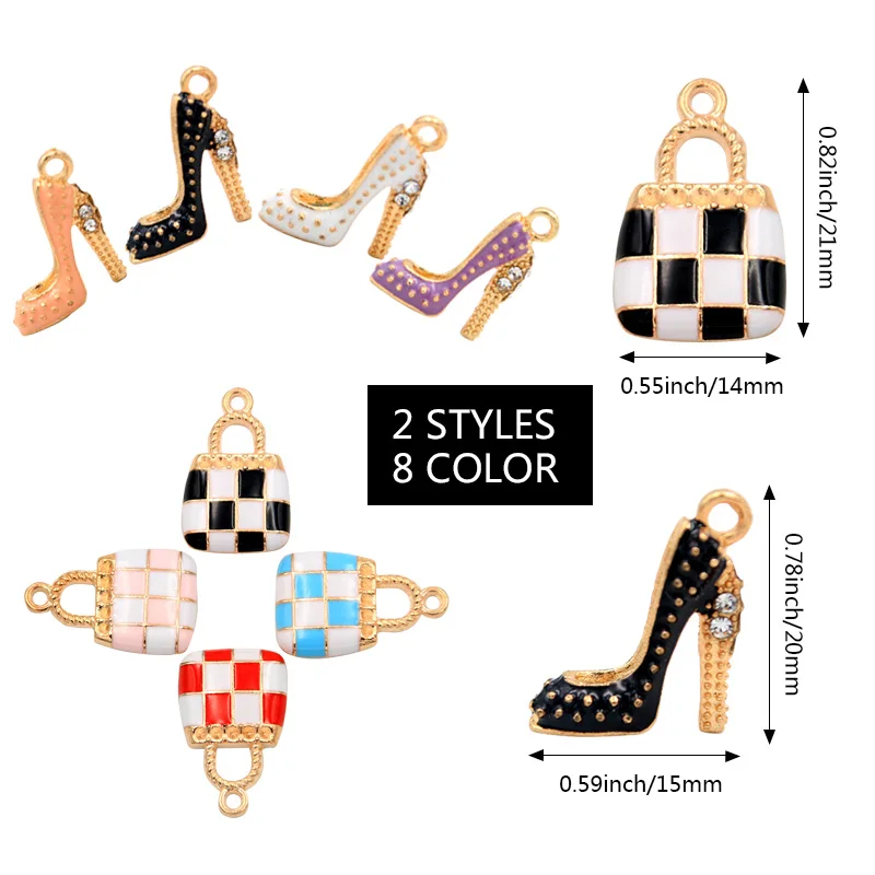 

8pcs 2 Style 4 Alloy metal drop oil charm high-heeled shoes lady handbag amulet pendant DIY bracelet necklace jewelry making